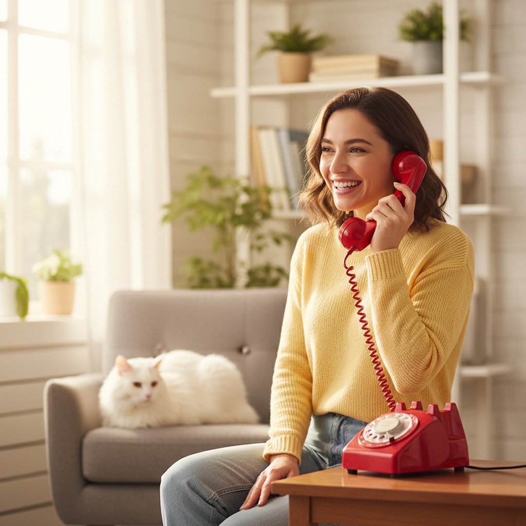 person with rotary phone, happy and bright